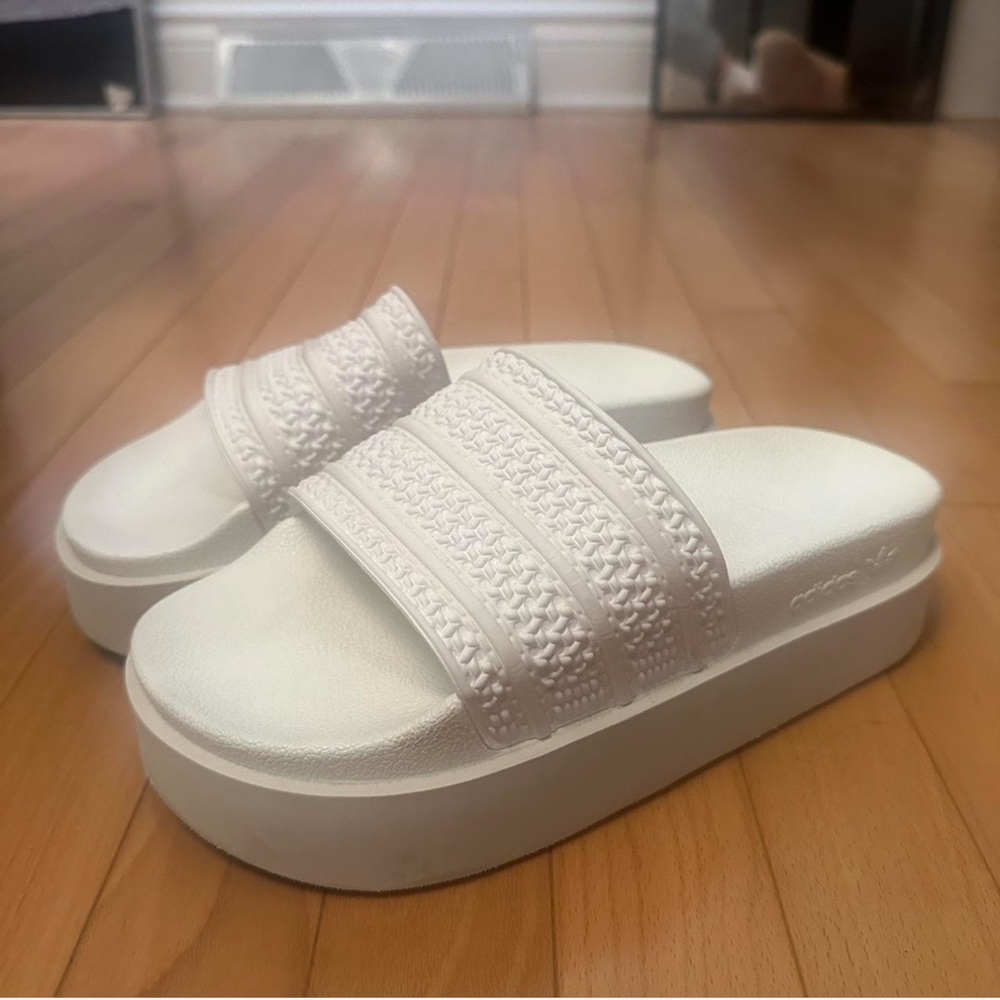 adidas White Platform Slippers with Woven Strap